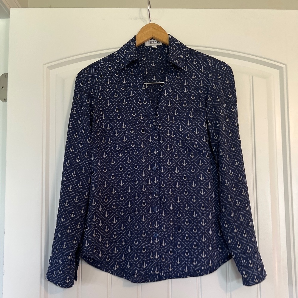 Express The Portofino Shirt Navy Blue White Anchors Nautical